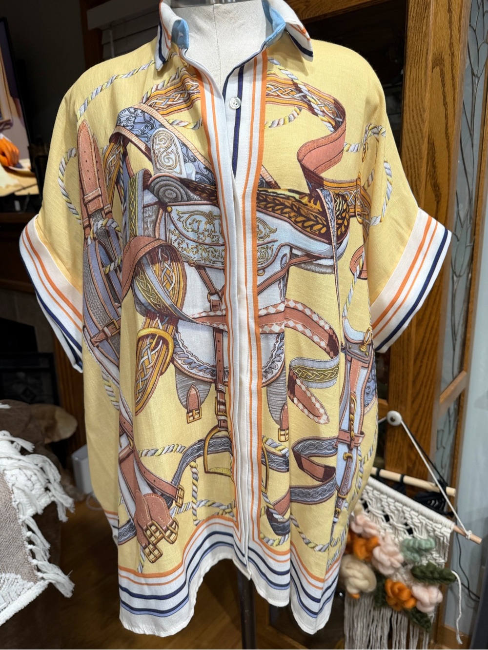 Women’s Yellow Printed Short-Sleeve Blouse with Saddle Motif